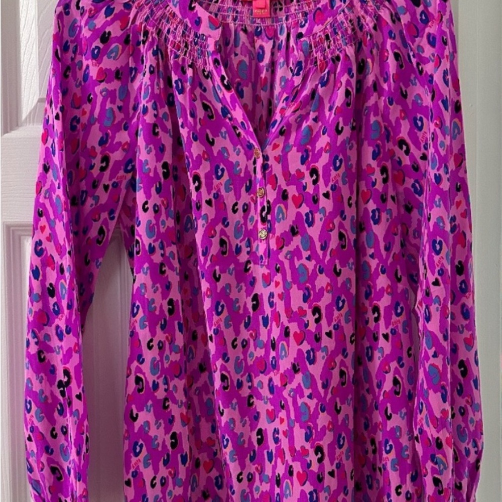 Lilly Pulitzer Elsa silk Vibrant Pink Leopard Print Blouse